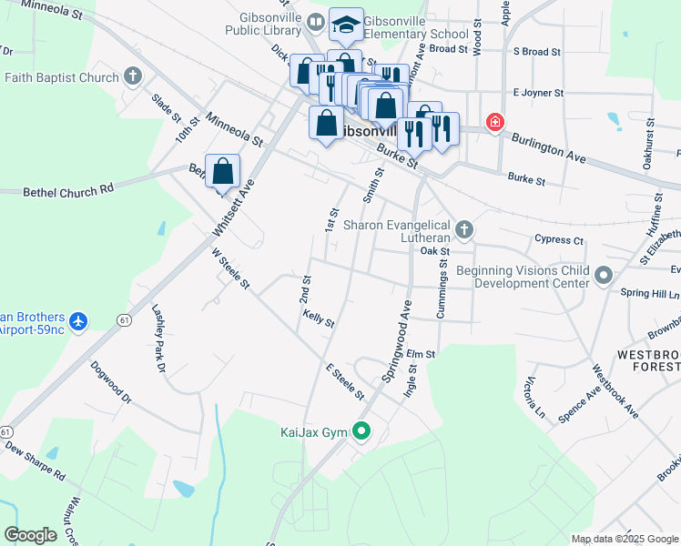 map of restaurants, bars, coffee shops, grocery stores, and more near 106 Cedar Street in Gibsonville
