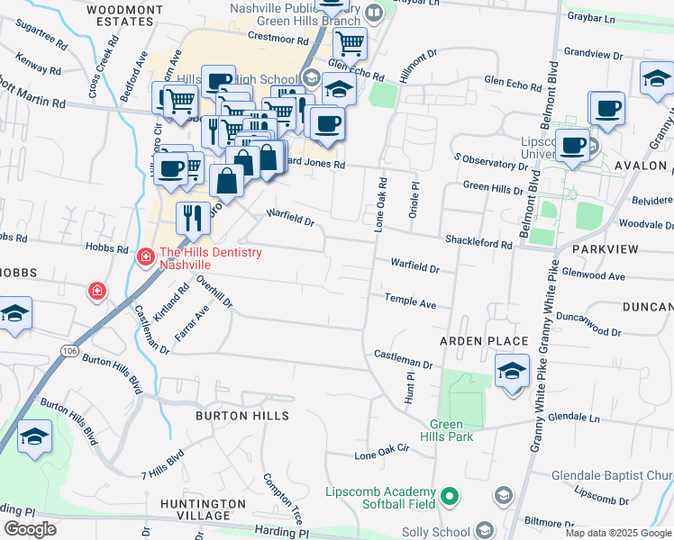 map of restaurants, bars, coffee shops, grocery stores, and more near 119 Westover Park Court in Nashville