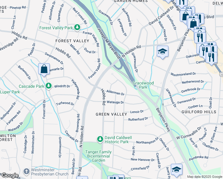 map of restaurants, bars, coffee shops, grocery stores, and more near 1612 Alderman Drive in Greensboro