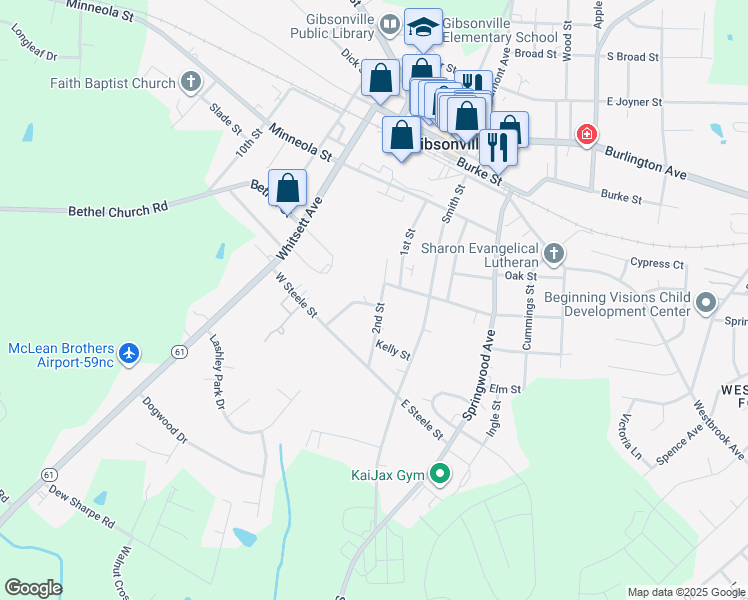 map of restaurants, bars, coffee shops, grocery stores, and more near 610 2nd Street in Gibsonville