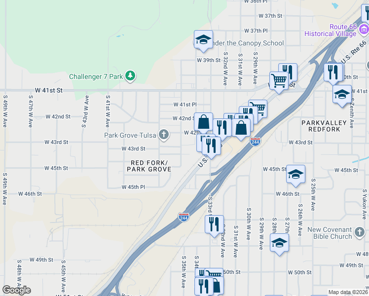 map of restaurants, bars, coffee shops, grocery stores, and more near 4301 South 35th West Avenue in Tulsa