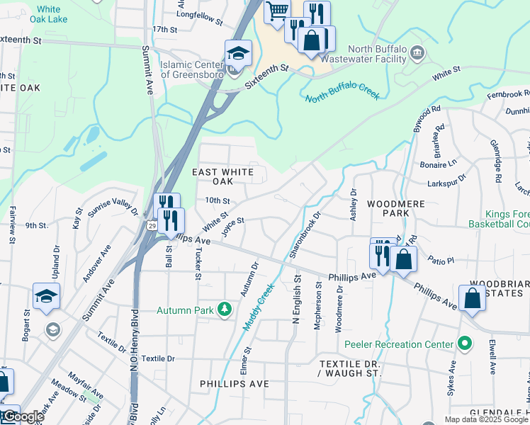 map of restaurants, bars, coffee shops, grocery stores, and more near 1903 Joyce Street in Greensboro