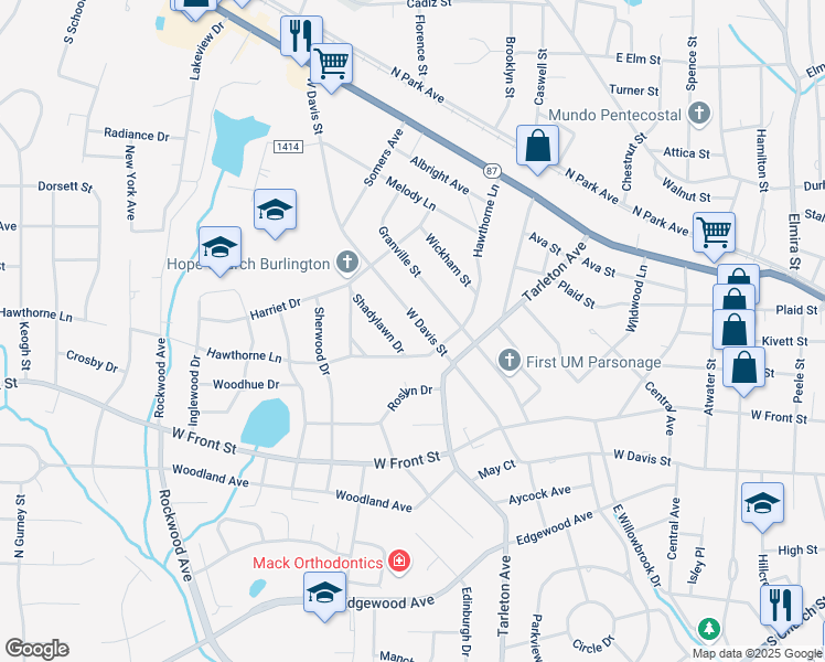 map of restaurants, bars, coffee shops, grocery stores, and more near 1518 West Davis Street in Burlington