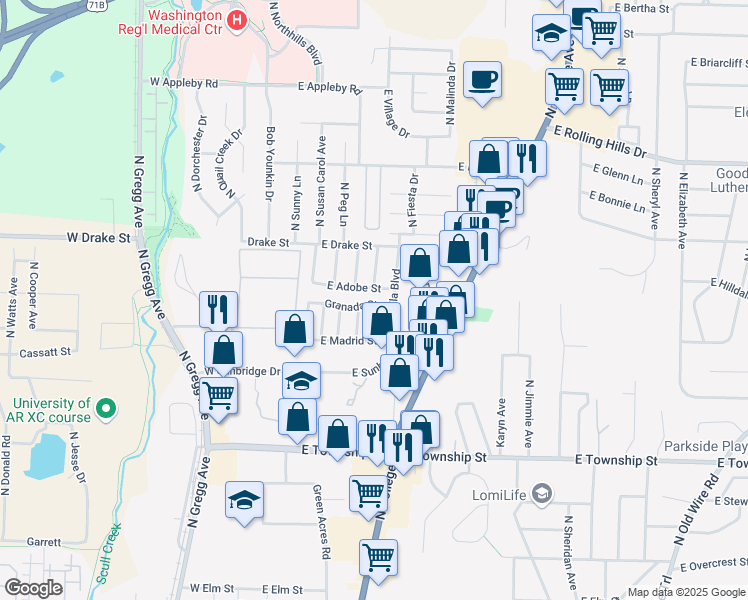 map of restaurants, bars, coffee shops, grocery stores, and more near 270 Granada Street in Fayetteville