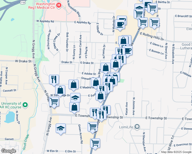 map of restaurants, bars, coffee shops, grocery stores, and more near 302 Granada Street in Fayetteville