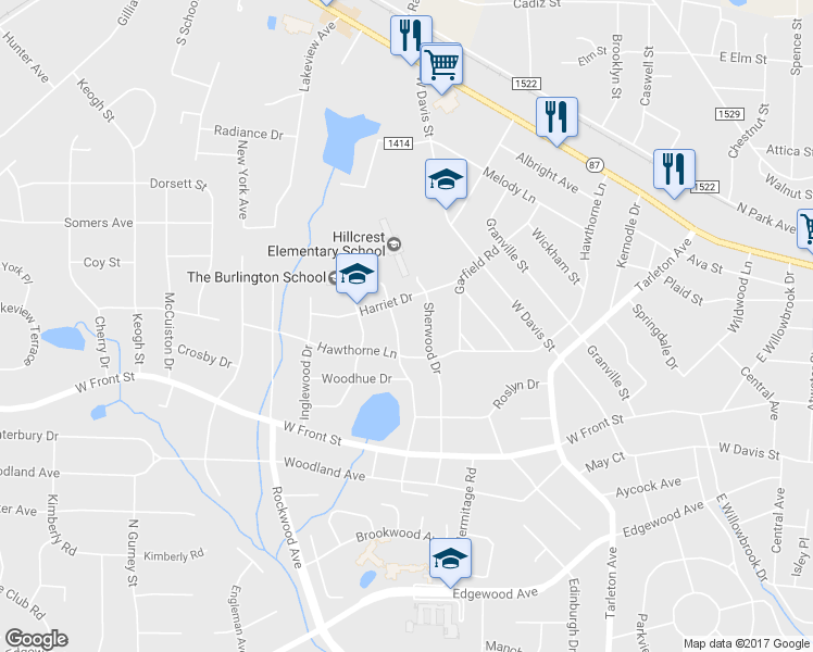 map of restaurants, bars, coffee shops, grocery stores, and more near 1517 Edith Street in Burlington