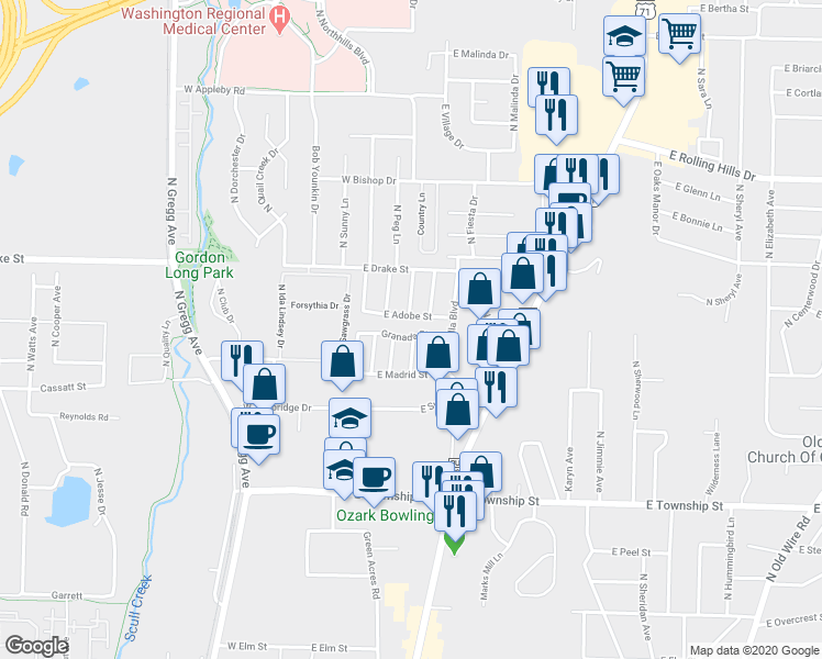 map of restaurants, bars, coffee shops, grocery stores, and more near 200 East Granada Street in Fayetteville