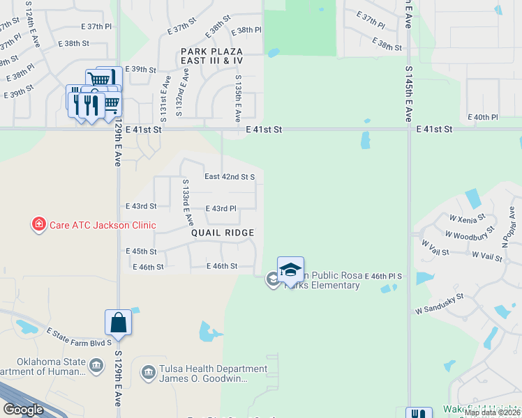 map of restaurants, bars, coffee shops, grocery stores, and more near 4321 South 135th East Avenue in Tulsa