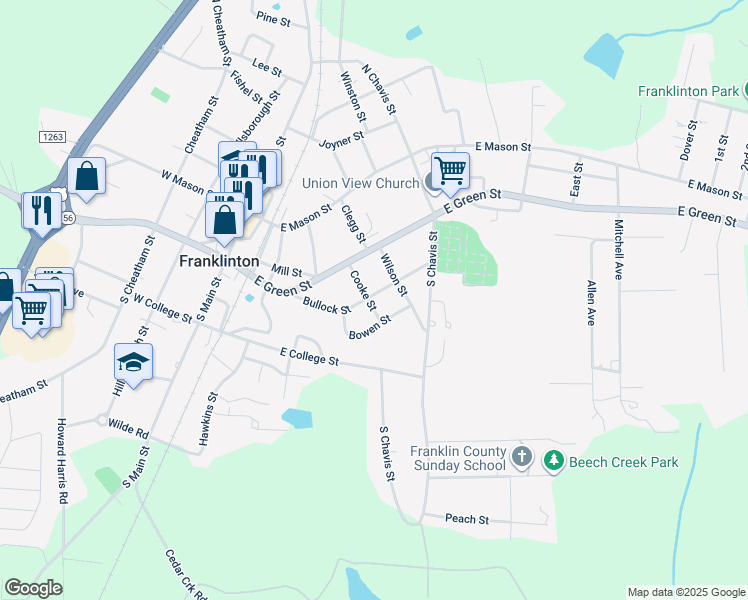 map of restaurants, bars, coffee shops, grocery stores, and more near 302 Bullock Street in Franklinton