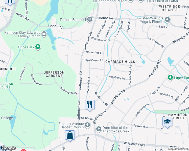 map of restaurants, bars, coffee shops, grocery stores, and more near 9 Villastone Place in Greensboro