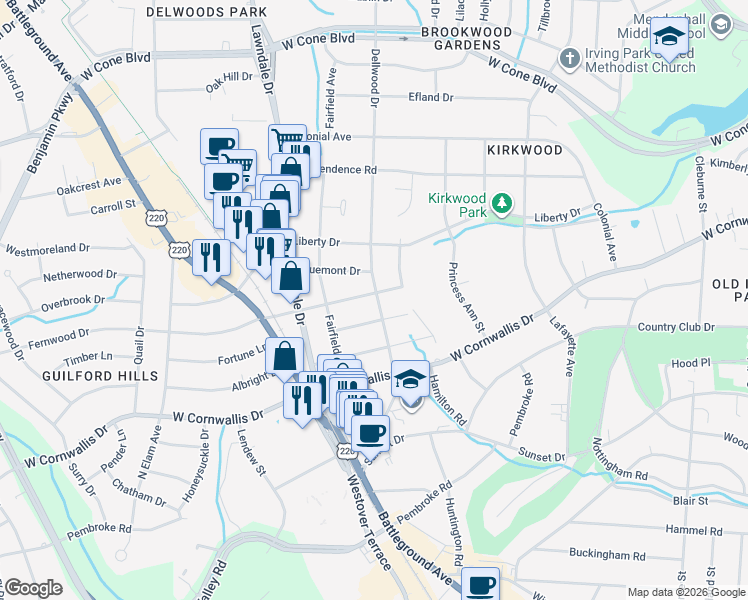 map of restaurants, bars, coffee shops, grocery stores, and more near 2001 Fernwood Drive in Greensboro