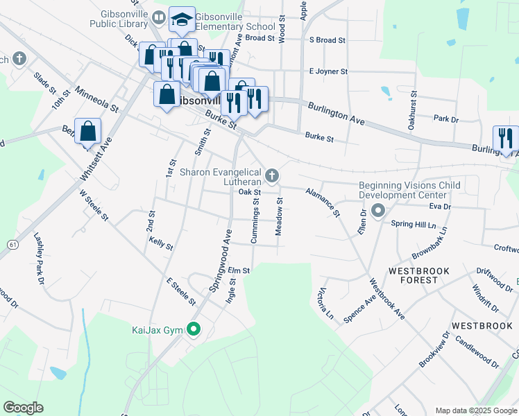 map of restaurants, bars, coffee shops, grocery stores, and more near 508 Meadow Street in Gibsonville