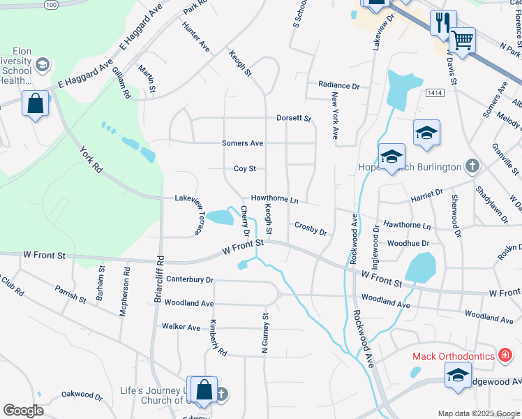 map of restaurants, bars, coffee shops, grocery stores, and more near 1330 Keogh Street in Burlington