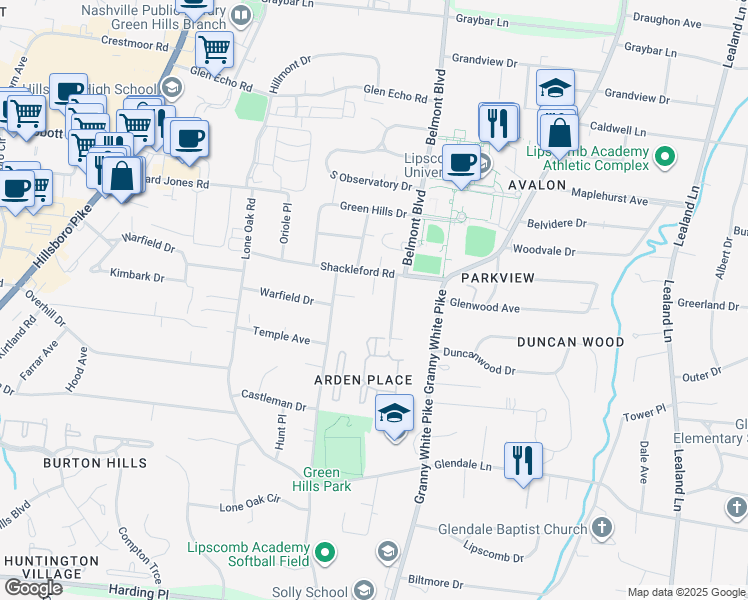 map of restaurants, bars, coffee shops, grocery stores, and more near 416 Shackleford Ct in Nashville