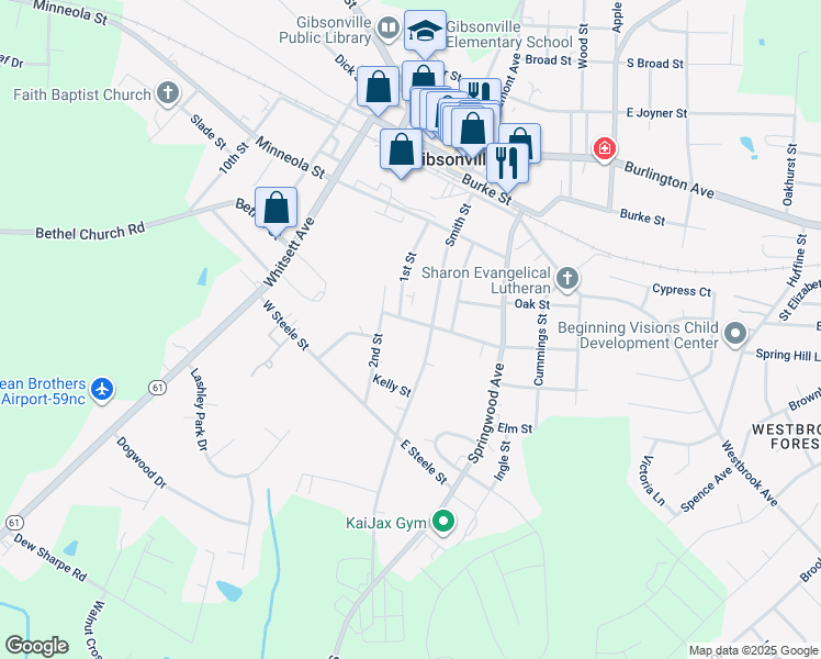 map of restaurants, bars, coffee shops, grocery stores, and more near 106 Cedar Street in Gibsonville