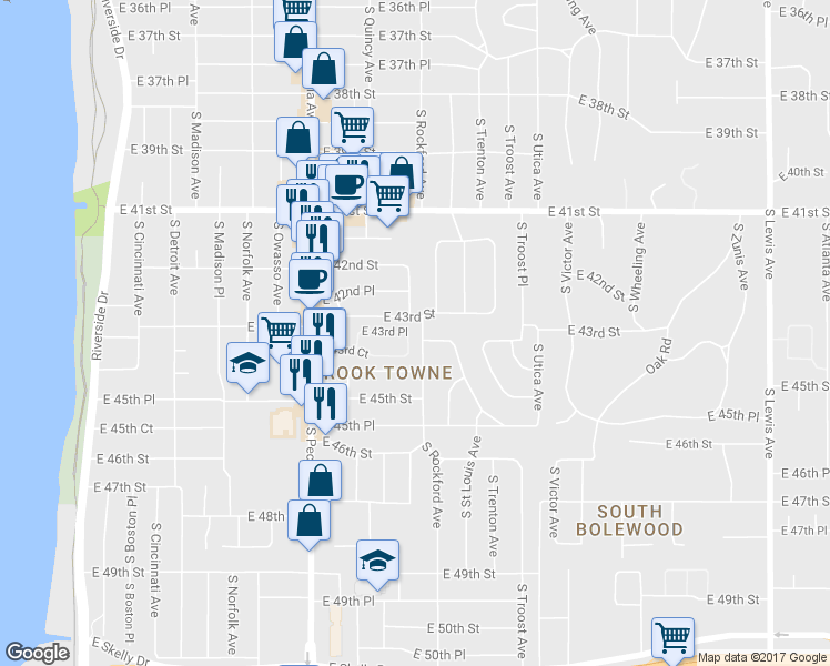 map of restaurants, bars, coffee shops, grocery stores, and more near 4315 South Quincy Place in Tulsa