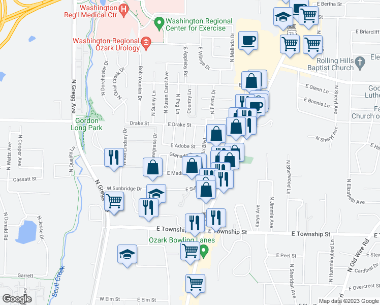 map of restaurants, bars, coffee shops, grocery stores, and more near 236 East Granada Street in Fayetteville