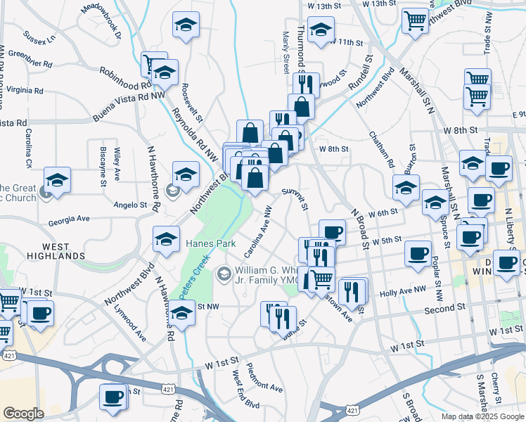 map of restaurants, bars, coffee shops, grocery stores, and more near 1403 Pilot View Street in Winston-Salem
