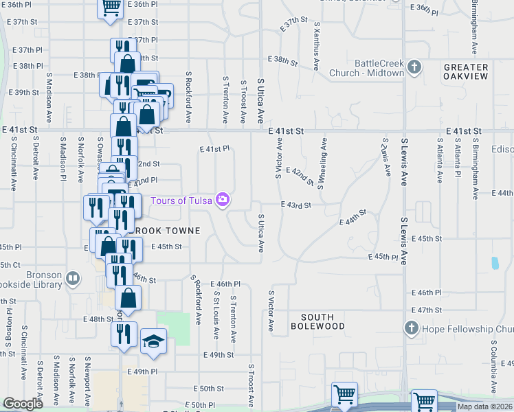 map of restaurants, bars, coffee shops, grocery stores, and more near 4302 South Utica Avenue in Tulsa
