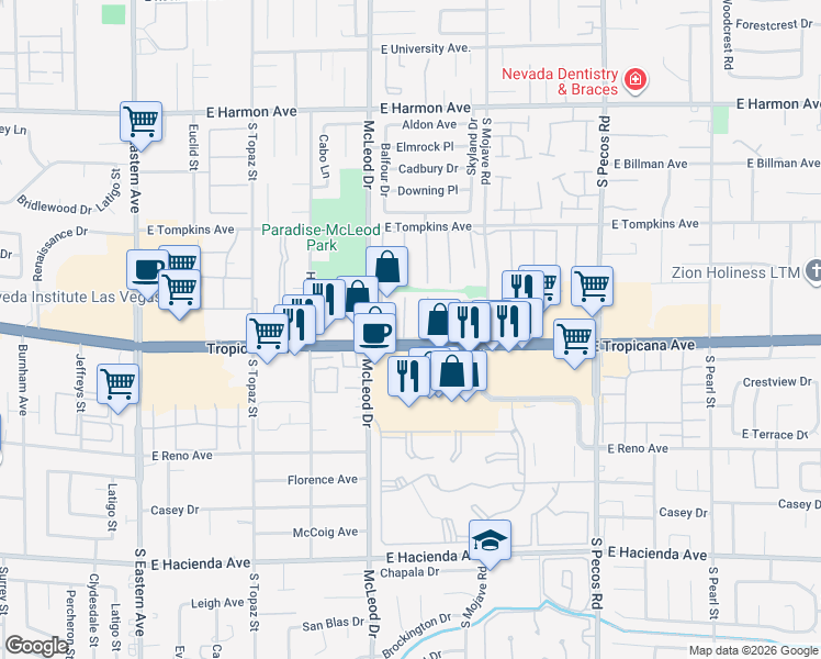 map of restaurants, bars, coffee shops, grocery stores, and more near 4880 Summerhill Road in Las Vegas