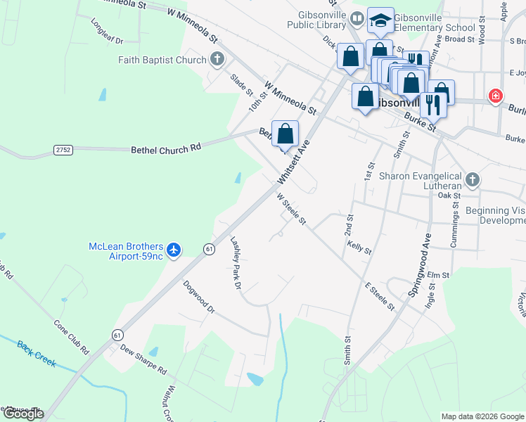 map of restaurants, bars, coffee shops, grocery stores, and more near 807 Whitsett Avenue in Gibsonville