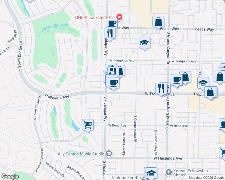 map of restaurants, bars, coffee shops, grocery stores, and more near 10140 West Tropicana Avenue in Las Vegas