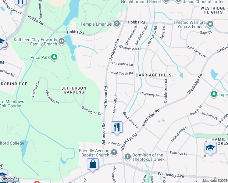 map of restaurants, bars, coffee shops, grocery stores, and more near 1107 Monticello Street in Greensboro