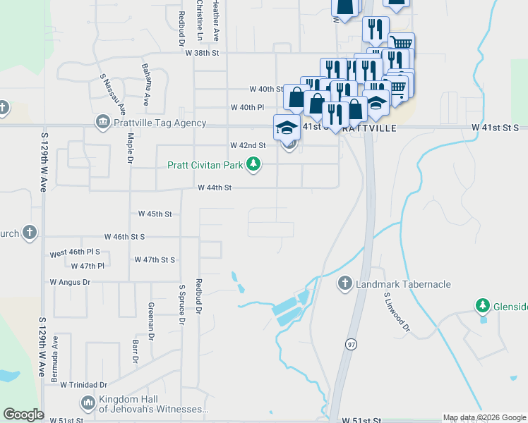 map of restaurants, bars, coffee shops, grocery stores, and more near 214 West 45th Street in Sand Springs