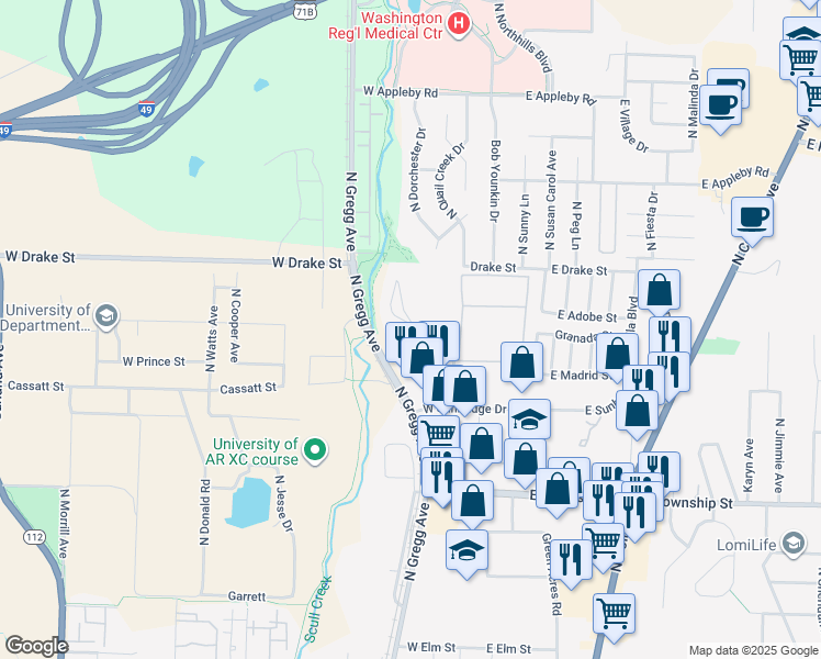 map of restaurants, bars, coffee shops, grocery stores, and more near 200 Village Lake Drive in Fayetteville