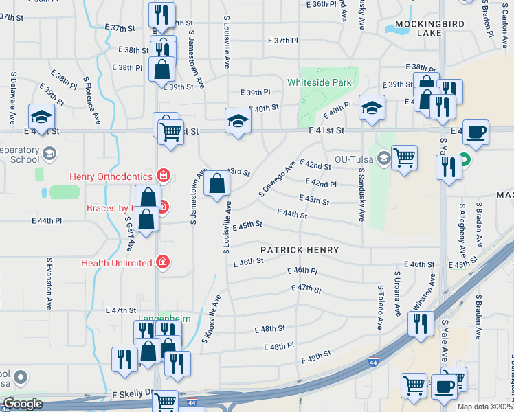 map of restaurants, bars, coffee shops, grocery stores, and more near 3740 East 44th Street in Tulsa