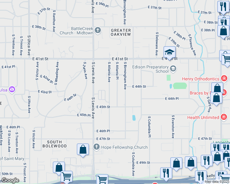map of restaurants, bars, coffee shops, grocery stores, and more near 4408 South Atlanta Place in Tulsa