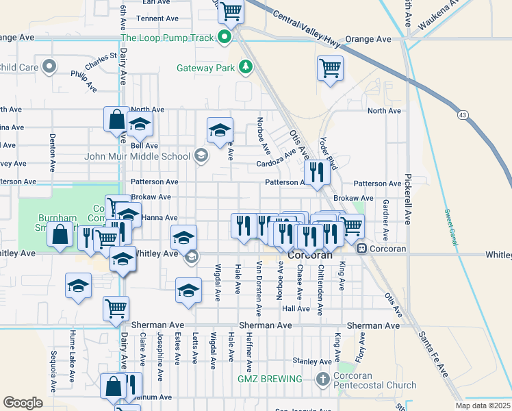map of restaurants, bars, coffee shops, grocery stores, and more near 1221 Brokaw Avenue in Corcoran