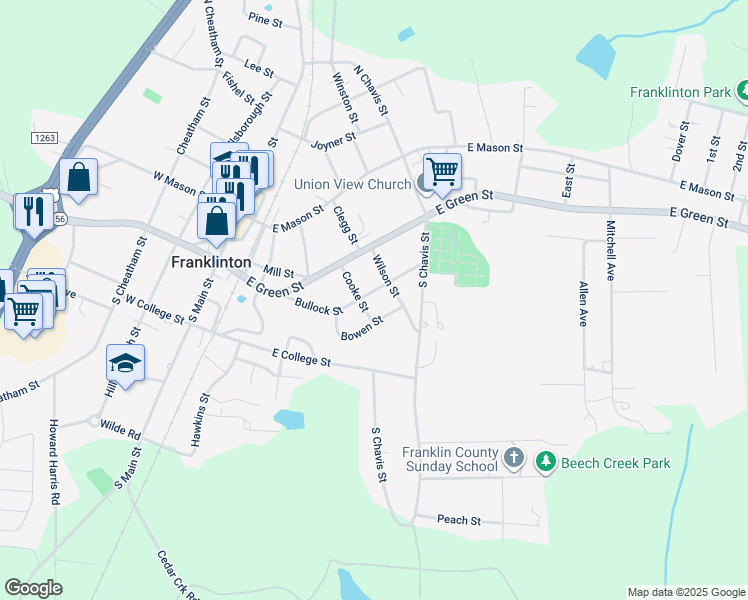 map of restaurants, bars, coffee shops, grocery stores, and more near 302 Bullock Street in Franklinton