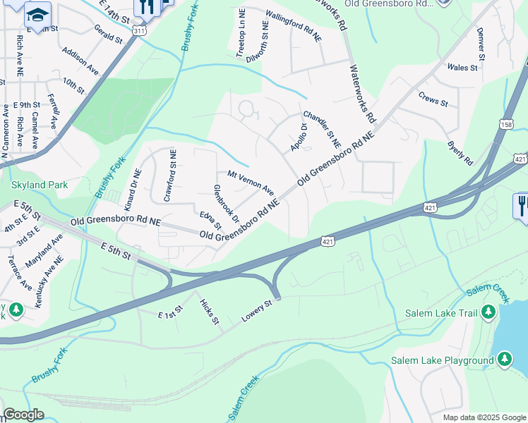 map of restaurants, bars, coffee shops, grocery stores, and more near 2842 Old Greensboro Road in Winston-Salem