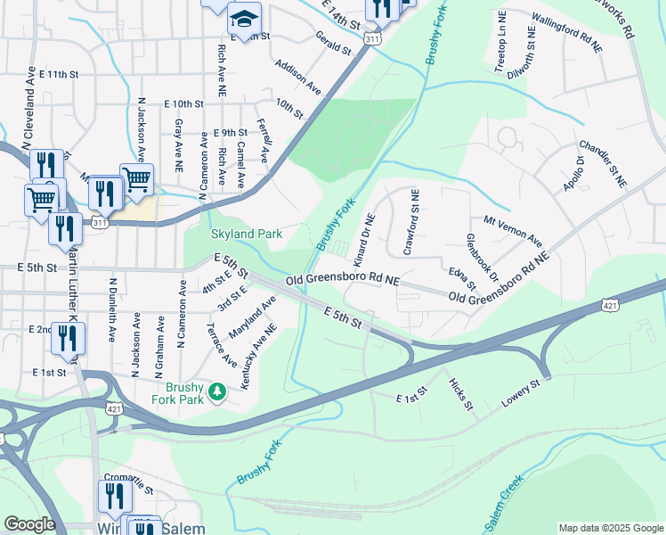 map of restaurants, bars, coffee shops, grocery stores, and more near in Winston-Salem