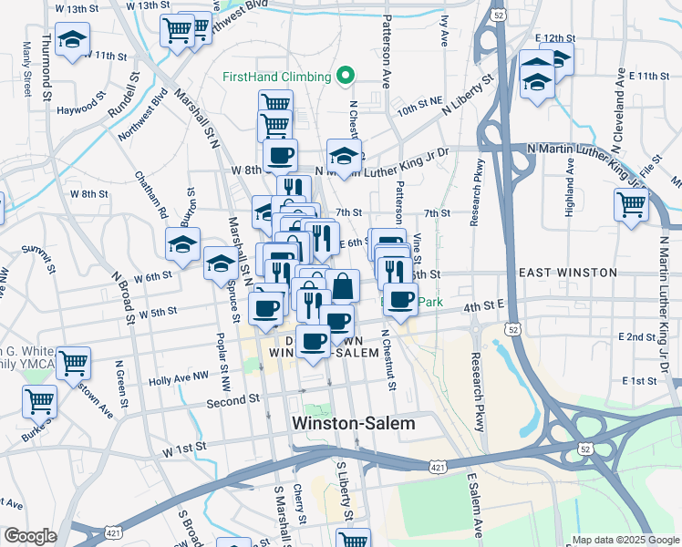 map of restaurants, bars, coffee shops, grocery stores, and more near 501 North Main Street in Winston-Salem