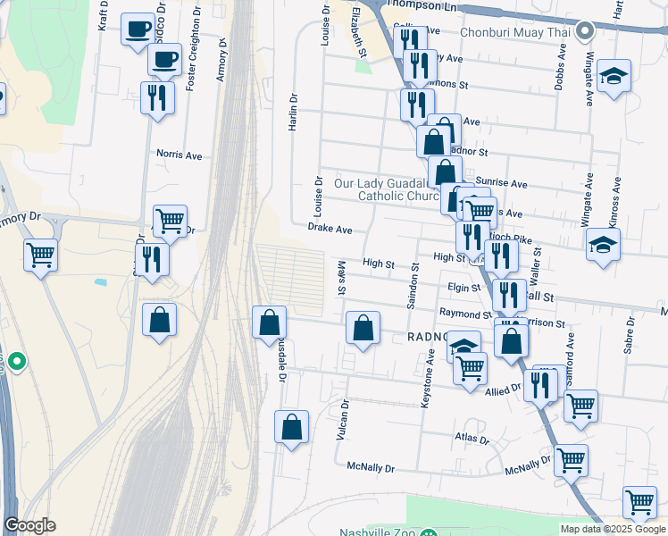 map of restaurants, bars, coffee shops, grocery stores, and more near 525 High Street in Nashville