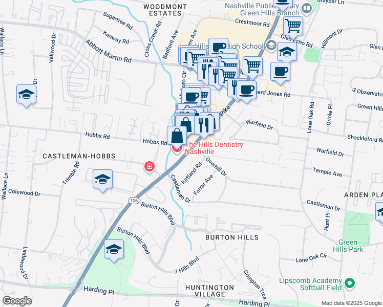 map of restaurants, bars, coffee shops, grocery stores, and more near 2041 Overhill Drive in Nashville