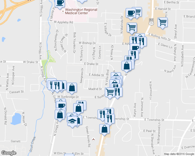 map of restaurants, bars, coffee shops, grocery stores, and more near 270 Granada Street in Fayetteville
