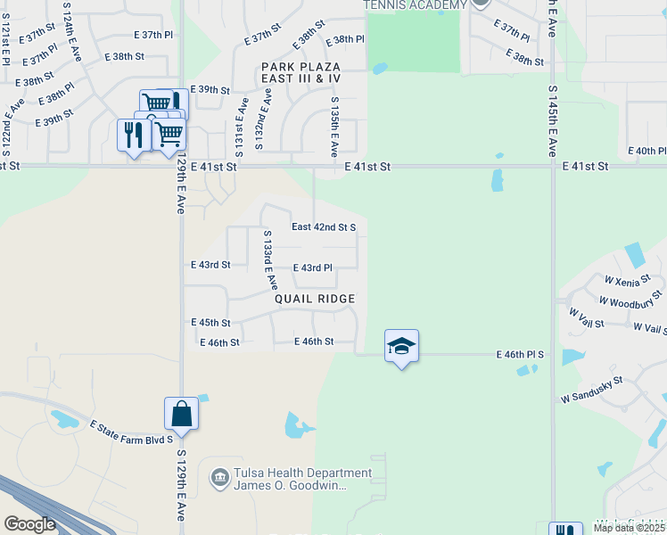 map of restaurants, bars, coffee shops, grocery stores, and more near 13414 East 43rd Place in Tulsa