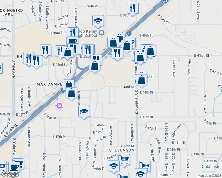 map of restaurants, bars, coffee shops, grocery stores, and more near 4304 South Lakewood Avenue in Tulsa