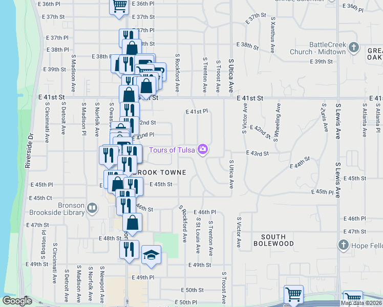 map of restaurants, bars, coffee shops, grocery stores, and more near 1529 East 43rd Place in Tulsa