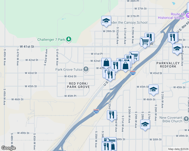 map of restaurants, bars, coffee shops, grocery stores, and more near 4301 South 35th West Avenue in Tulsa