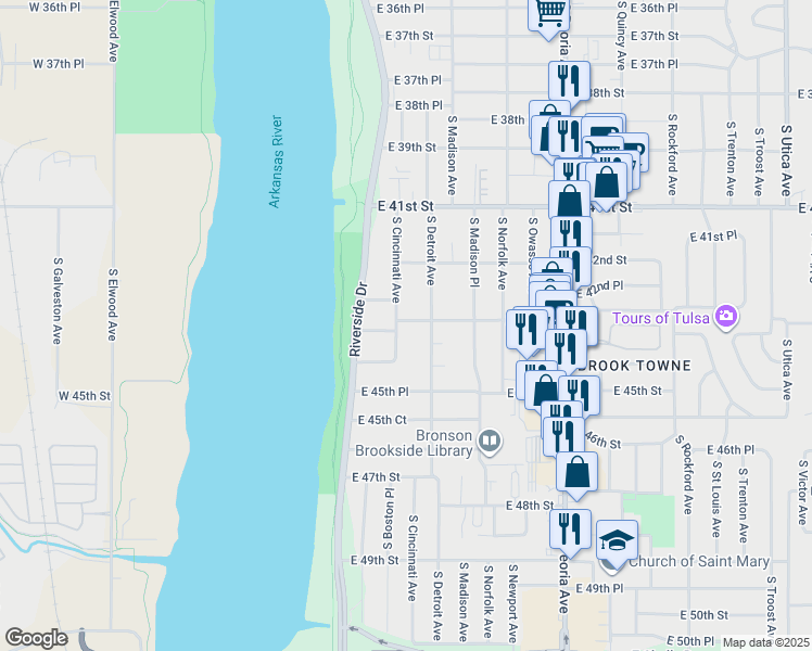 map of restaurants, bars, coffee shops, grocery stores, and more near 4303 South Cincinnati Avenue in Tulsa
