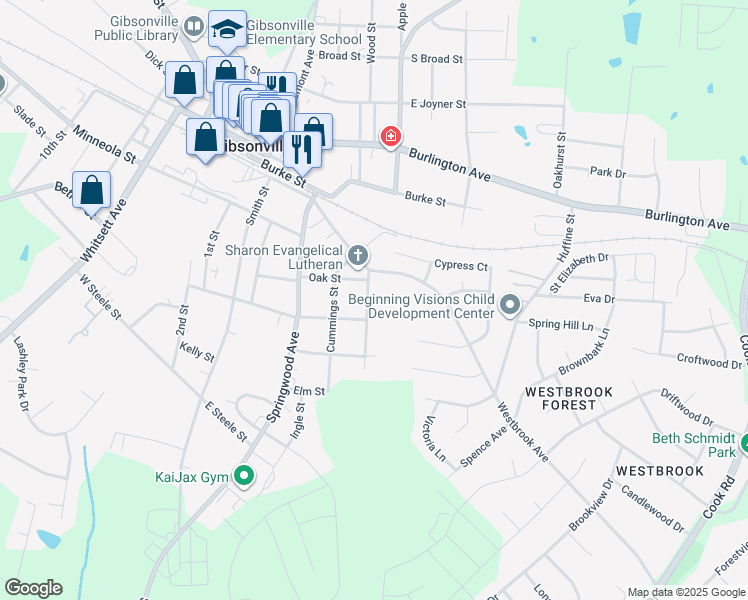 map of restaurants, bars, coffee shops, grocery stores, and more near 509 Meadow Street in Gibsonville