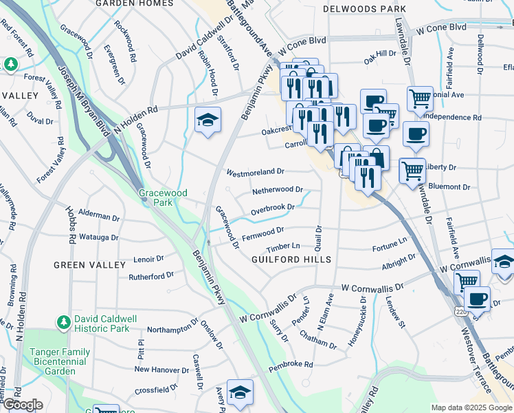 map of restaurants, bars, coffee shops, grocery stores, and more near 2526 Overbrook Drive in Greensboro