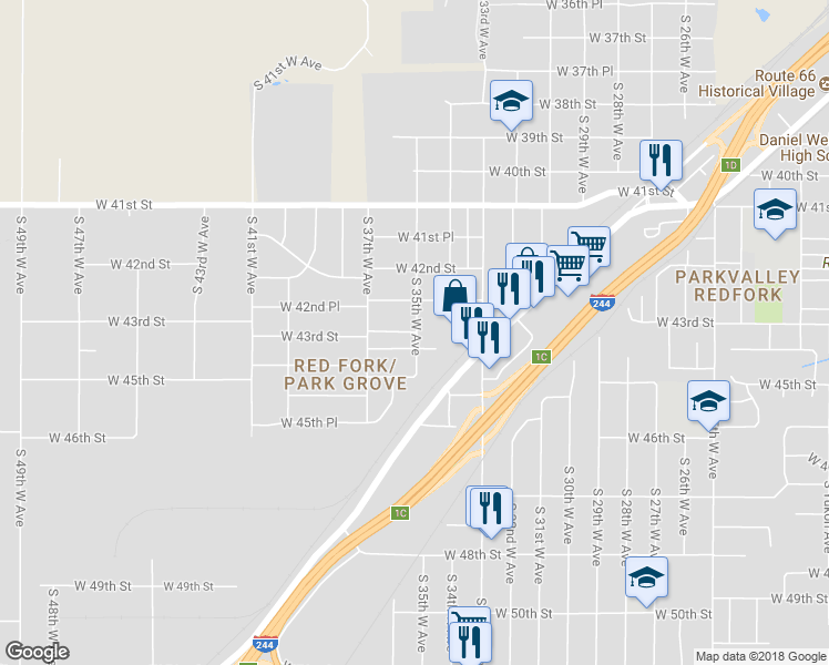map of restaurants, bars, coffee shops, grocery stores, and more near 3424 West 43rd Street in Tulsa