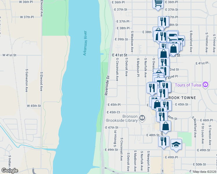 map of restaurants, bars, coffee shops, grocery stores, and more near 111 East 43rd Place in Tulsa