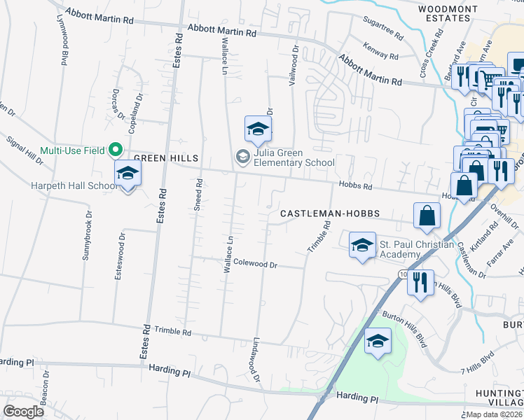 map of restaurants, bars, coffee shops, grocery stores, and more near 11 Redbud Drive in Nashville