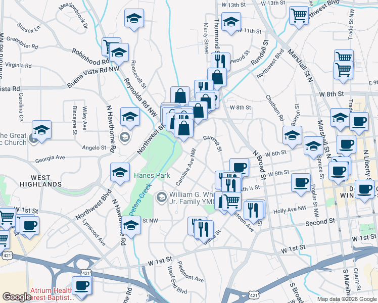 map of restaurants, bars, coffee shops, grocery stores, and more near 1405 Pilot View Street in Winston-Salem